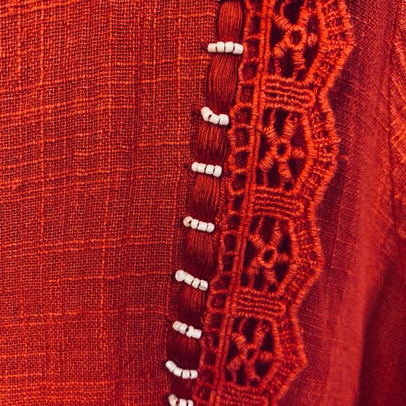 BOHERA Blouse XL Boho Shirred Ruffle Tiered Pinkilicious V-Neck Lace & Beads NWT - Picture 10 of 15